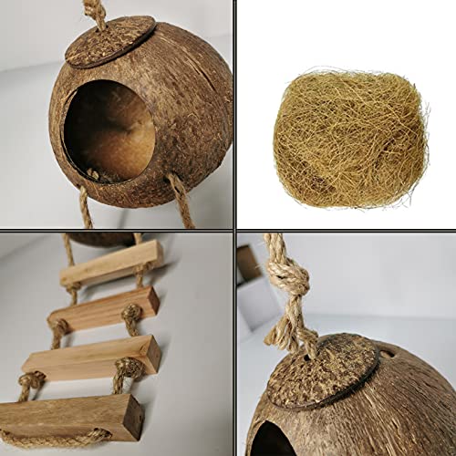 Tfwadmx Coconut Hide with Ladder, Natural Fiber Hanging Birdhouse Cage, Bird Shell Breeding Nest for Parrot, Parakeet, Lovebird, Finch, Canary (2 Pcs)