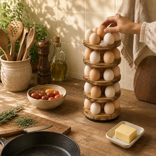 Wooden Egg Holder Countertop, 5 Tier 360° Rotating Fresh Eggs Storage Rack with 30 Slots, Pine Stackable Farmhouse Tower, Space-Saving Kitchen Organizer for Chicken Duck Easter - color: 30 Eggs - 5 Tier Round
