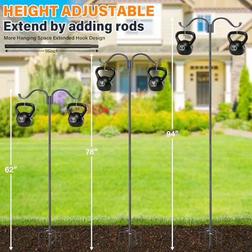 94 Inch Adjustable Bird Feeder Pole, Heavy Duty Double Shepherds Hook for Outdoor with 5 Prongs Base, Stable Stand for Hanging Bird Feeder, Bird House, Wind Chime, Hummingbird Feeder & Light Plant - size: 94"