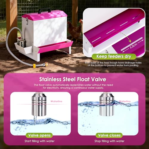 25Lb Metal Chicken Feeder and Waterer Set Automatic No Waste Galvanized Poultry Duck Feeder with Auto Water Dispenser for Outdoor Coop