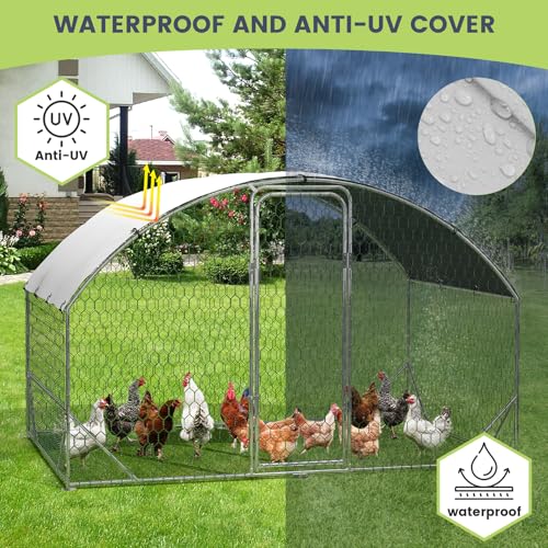 GarveeLife Large Metal Chicken Coop, Dome Shape Chicken Coop with Upgrade Tri-Supporting, Large Chicken Run with Waterproof and Anti-UV Cover (6.6 ft L x 9.8 ft W x 6.6 ft H) - size: 118.1"L x 78.7"W x 78.4"H