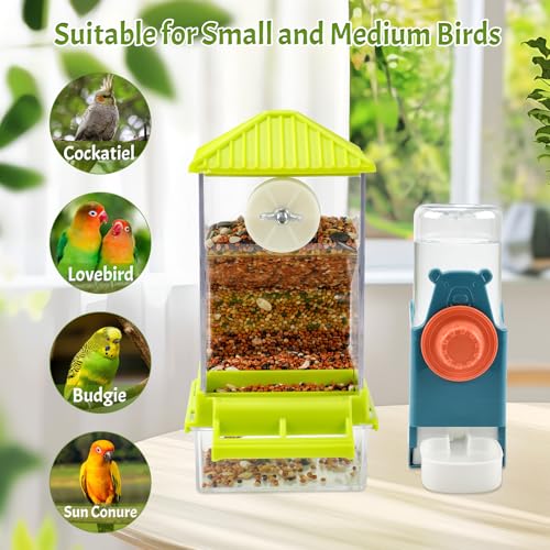 Rypet No-Mess Bird Feeder and Water Dispenser Set for Small Birds | Automatic Bird Feeder, Transparent Acrylic Food Container, Helps Reduce Seed Scatter, for Parakeet Cockatiel Parrot Canary - color: A80 Green Feeder + Drinking Bottle