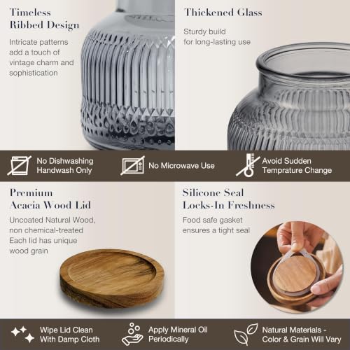 Decorative Grey Ribbed Glass Jar with Airtight Wooden Lid, 25.4 fl. oz | Wide mouth vintage storage canister, kitchen pantry bathroom organization, coffee sugar tea cookie candy candle vase gift - size: 25.4 Ounces, style: Grey Ribbed