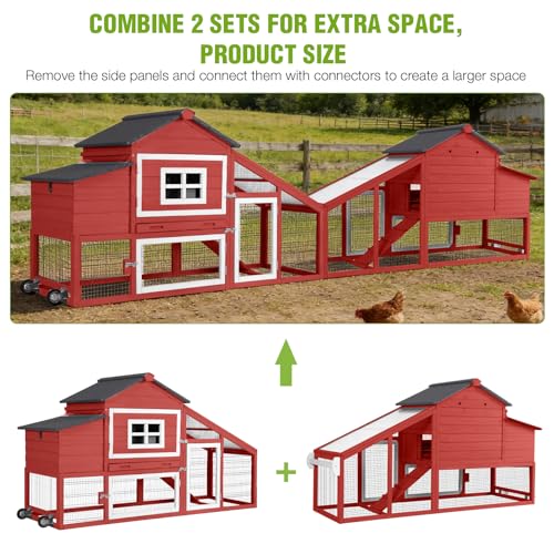 GUTINNEEN Large Chicken Coop with Wheels, Expandable Mobile Chicken House for Outdoor Use, Hen House Poultry Cage with Nesting Box, Leakproof Pull-Out Tray & UV-Resistant Roof – Red - color: (Red)