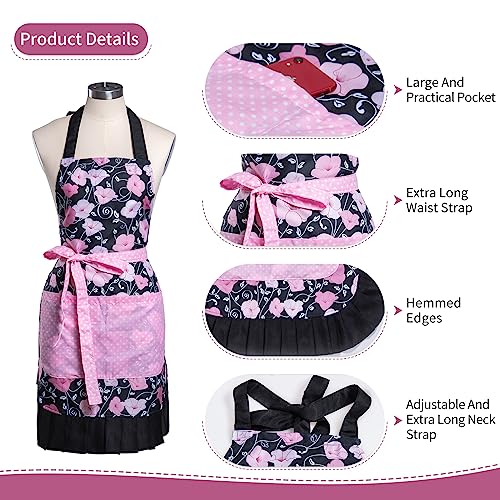 Lovely Flower Pattern Retro Aprons With Large Pockets for Women Girls Cooking Kitchen Bakery Mother's Gift - color: Pink Bloom