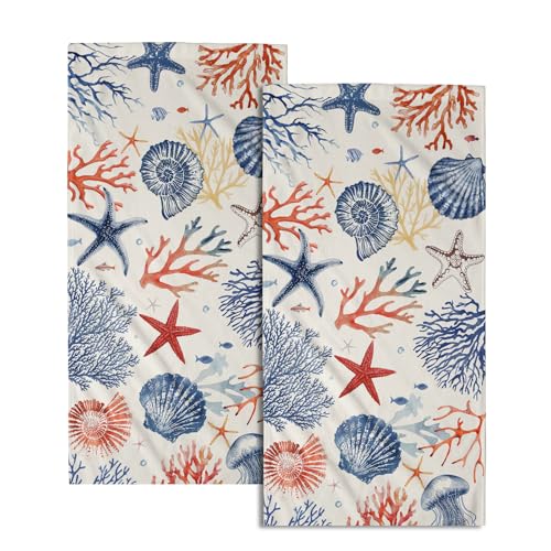 Nautical Coastal Hand Towels Set of 2, Beach Themed Ocean Seashell Coral Starfish Decorative Bathroom Towel 28x14 Inch, Soft Absorbent Microfiber Wash Cloth for Kitchen Gym Hotel Home Decor - color: Blue Orange Coastal