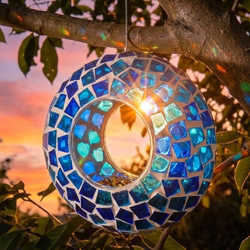 Sunnydaze Mosaic Glass Bird Feeder, Fly-Through, Blue Mosaic | 6" Small Unique Hanging Bird Feeder for Outdoors, Drainage Hole, Weather-Resistant, Birdfeeder for Cardinals, Jays, & Finches - color: Blue Mosaic