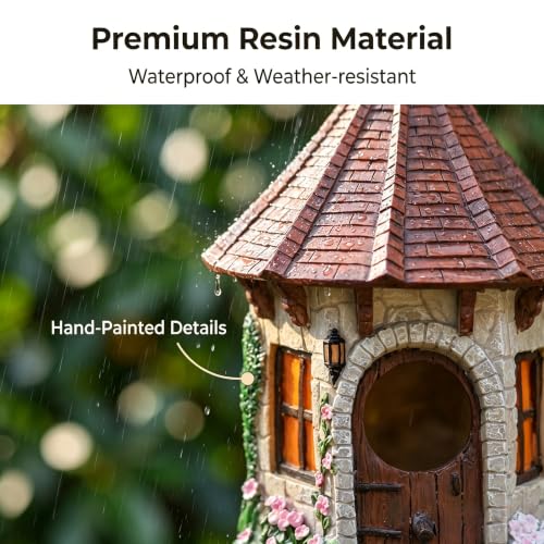 Hanging Bird House for Outside, Cone-Roof Resin Bluebird House with Hanging Chain, Waterproof & Practical Forest Bird Houses, Decorative Stone Hanging Birdhouse for Yard Garden Outdoor Decor
