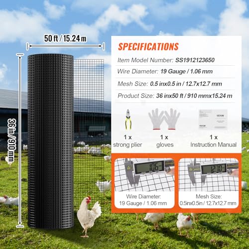 VEVOR Hardware Cloth, 36'' x 50' 1/2 inch Galvanized Wire Mesh Roll, 19 Gauge Chicken Wire Fencing Roll, Vinyl Coating Metal Wire Mesh for Chicken Coop Barrier, Rabbit Snake Fences, Poultry Enclosures - size: 1/2inch 36'' x 50'