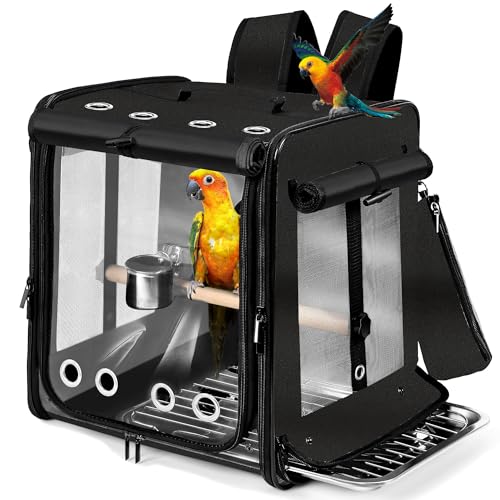 Bird Carrier with Seat Belt for Car Travel, Bird Backpack Carrier with Indestructible Stainless Steel Mesh, Large Bird Carrier Travel Cage, Black - color: Black, size: 13.5"L x 10.0"W x 15.5"H