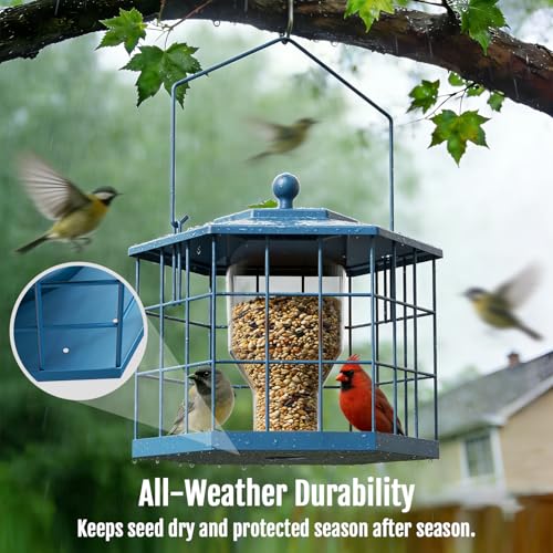 Birdream Squirrel Proof Bird Feeders for Outdoor Hanging, Metal Cage Bird Feeder with Rain Proof Covered for Wildbirds Bluebird Finches, Blue