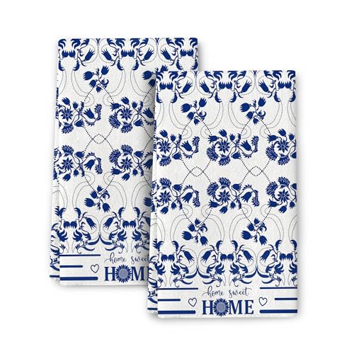 Blue Kitchen Towels Boho Floral Dish Towels for Kitchen Drying | Decorative Hand Tea Towel Set of 2, Absorbent Cute Dish Cloths for Bar Bathroom Decor, Housewarming Gifts for Women - color: Blue