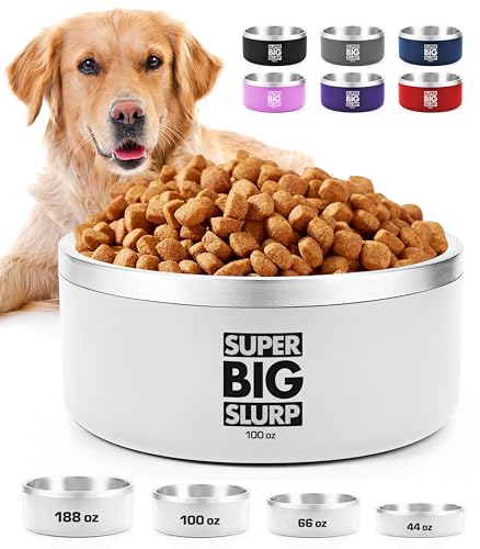 Tuff Pupper 100 oz Heavy Duty Insulated Stainless Steel Dog Bowl for Large Dogs, Non-Slip Base, Dishwasher Safe - color: Snow White, size: 100oz