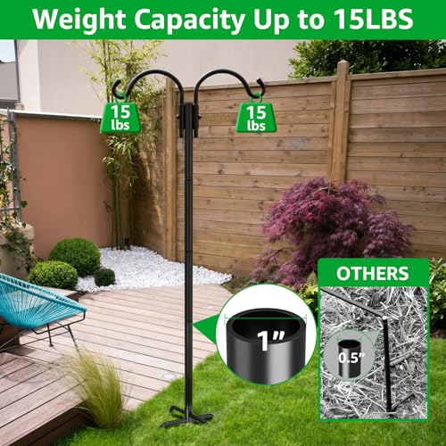 GOFORWILD 2 Pack Adjustable 76inch Double Shepherds Hook for Outdoor | Metal Bird Feeder Pole with 5-Prong Base for Hanging Bird Nest, Plant Basket,Lantern,Solar Light - size: 76 Inch