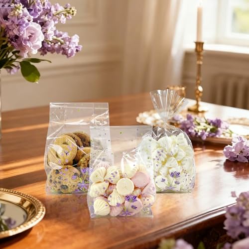 EKAPACKAGING 50Pcs 4x9.5 Inches Wildflower Flower Side Gusseted Cellophane Bags with Twist Ties, 2" Side Gussets Purple Violet Treat Bags for Cookies, Floral Spring Goodie Bags for Bridal Shower - color: Violet