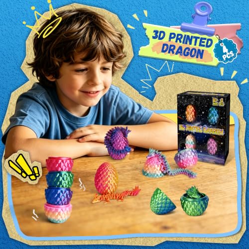 Impossmaker 4pcs 3D Printed Dragon Eggs, Cool Articulated Crystal Dragon Toys for Boys Kids Teen, Surprise Dinosaur Eggs for Party Favors, Fun Goodie Bag Stuffers for Birthdays, Classroom Prizes - style: 4P
