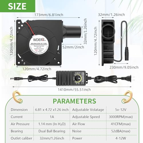 120mm Squirrel Cage 12V Electric Blower Fan with Speed Controller | Adjustable air blower, Replacement fan for BBQ Smoker, Charcoal Starter, Wood Stove Bellow & Inflatable Equipment Ventilation