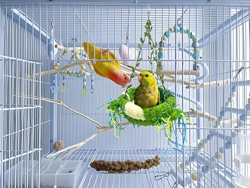 Bird Nest for Cage Bird Breeding Bed Cockatiel Snuggle Nest Parakeet Swing Bed Bird Hanging Hammock Parrot Sleeping Hut for Conure, Budgie, Lovebird, Finch, Small Pets-Green, Large Size - color: Green with Decoration