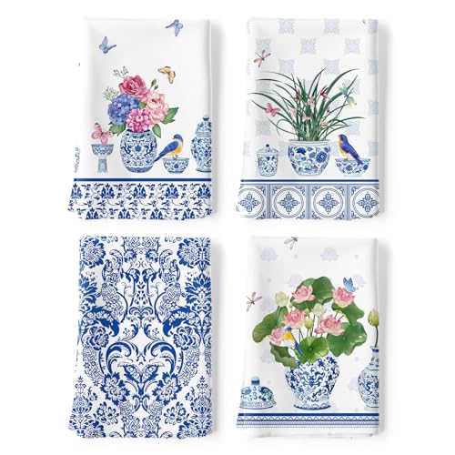 Blue and White Porcelain Tea Towel, Cotton Kitchen Towel, Set of 4 | 18.9 x 27.5 in / 48 x 70 cm, Lightweight Woven Dish Cloth with Blue And White Porcelain Print for Kitchen Decor - color: Blue and White Porcelain