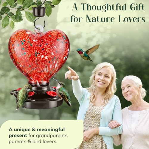 Hand Blown Glass Hummingbird Feeder for Outdoors All Season Use - 28 Fl. Oz. Leak Proof Hummingbird Feeder with Rust Proof Base - Includes Ant Moat, Ant & Bee Proof (Red) - color: Red