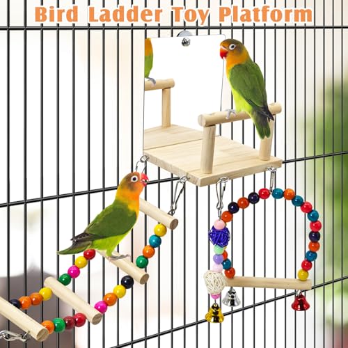BNOSDM Bird Perch Platform with Mirror, Wooden Climbing Ladder for Parakeet, Small Bird Swing Toys with Hanging Chewing Balls Parrot Cage Accessories Budgie Playground for Cockatiel, Lovebird, Conure - color: 6in1 Bird Perch Platform