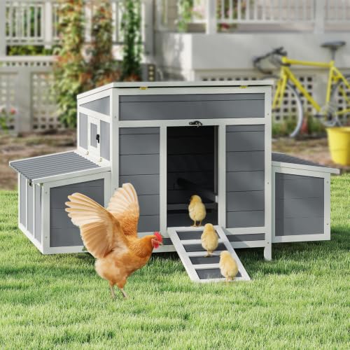 Yafylly Wooden Chicken Coop for 4-6 Chickens, 55" Chicken Coops with 6 Large Nesting Boxes, Easy Cleaning Pull-Out Tray, Ventilation Window, Waterproof Outdoor Chicken House for Farm Backyard - color: Grey, size: 54.7"L x 30.6"W x 33.1"H
