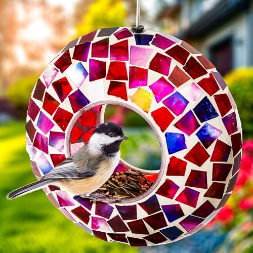 Sunnydaze Mosaic Glass Bird Feeder, Fly-Through, Crimson Mosaic | 6" Small Unique Hanging Bird Feeder for Outdoors, Drainage Hole, Weather-Resistant, Birdfeeder for Cardinals, Jays, & Finches - color: Crimson Mosaic