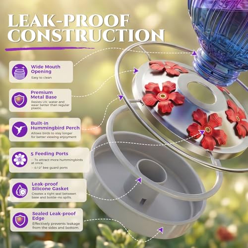 Glass Hummingbird Feeder for Outdoors Hanging, 26 fl oz Bird Nectar Feeder | 5 Metal Flower Feeding Ports, 360° Perch Ring, Easy Refill Clean, Leakproof, Ideal for Backyard Garden Decor, Purple & Blue - color: Purple-Blue Gradient