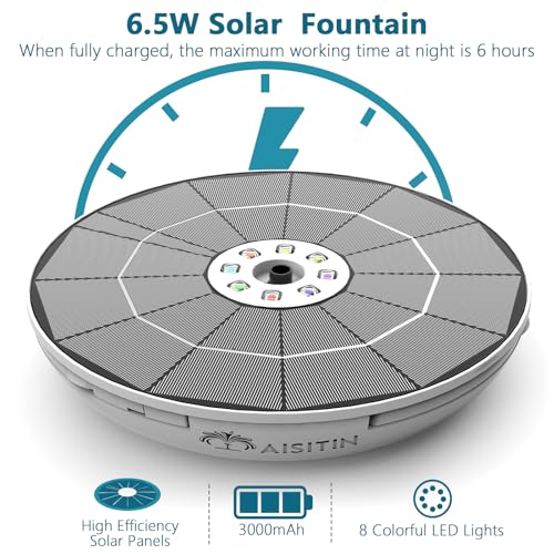 AISITIN 6.5W Solar Fountain with Lights & Battery Backup 3000mAh & 8 Nozzle | Color Changing LED Lights, 3 Anti-Drift Fixed Bracket, Solar Bird Bath Fountain for Garden, Fish Tank, Small Pond and Yard