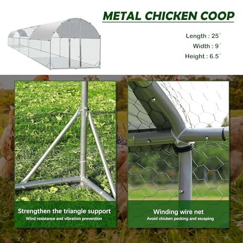 Large Metal Chicken Coop Round Top Upgrade Tri-Supporting Wire Mesh Chicken Run,Chicken Pen with Water-Resident and Anti-UV Cover,Duck Rabbit House Outdoor (25'L x 9'W x 6.5'H) - size: 300.0"L x 108.0"W x 78.0"H