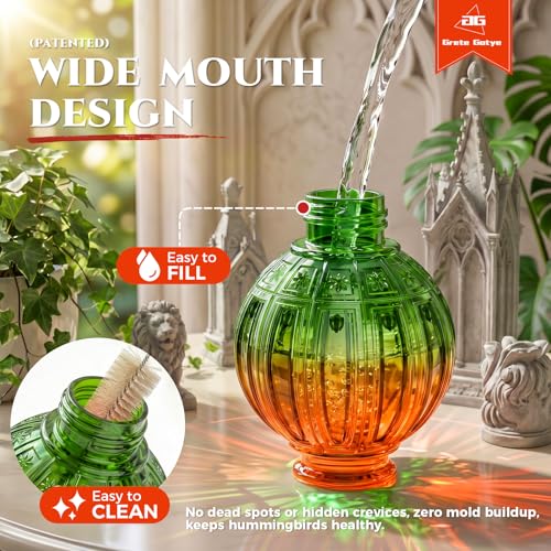 Glass Hummingbird Feeder for Outdoors Hanging, 26 fl oz Bird Nectar Feeder | 5 Metal Flower Feeding Ports, 360° Perch Ring, Easy Refill Clean, Leakproof, Ideal for Backyard, Garden Decor, Orange & Green - color: Orange-Green Gradient