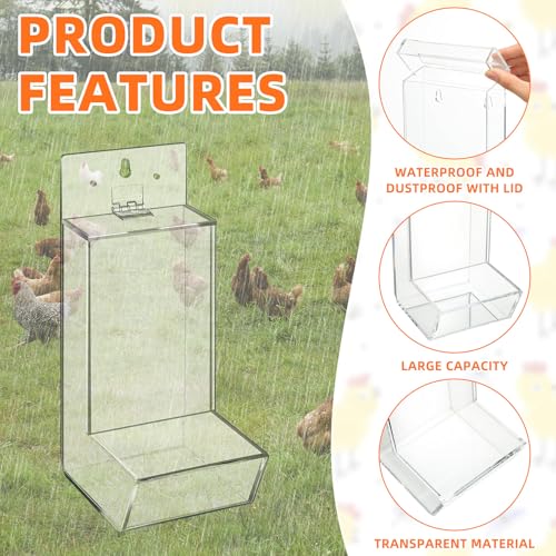 Hushee 1 Pack Acrylic Oyster Shell and Grit Feeder for Chickens, Clear Automatic Chickens Feeder with Lid Chicken Coop Accessories Multiple Installation Methods for Hens Chicks Cages Wall Pillar