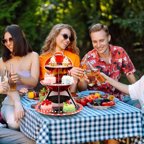 3 Tier BBQ Party Decorations Baby Q Baby Shower Cake Stand Barbecue Theme Summer Cupcake Tower BQQ Table Decor Red and Black Gingham Cake Holder for Summer Picnic Camping Party Decor Supplies - style: Bbq