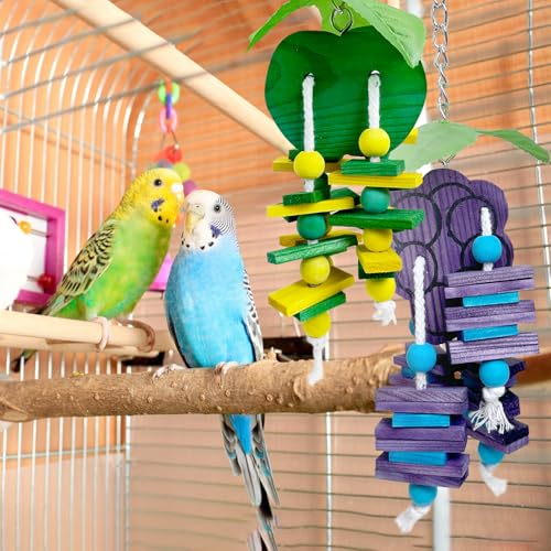 Hamiledyi Natural Wood Block Bird Cage Toys Parrot Chewing Toy Orange&Apple& Banana&Grapes Shaped Hanging Foraging Toy for Small&Medium Birds Parakeets Cockatiels,4pcs - style: A