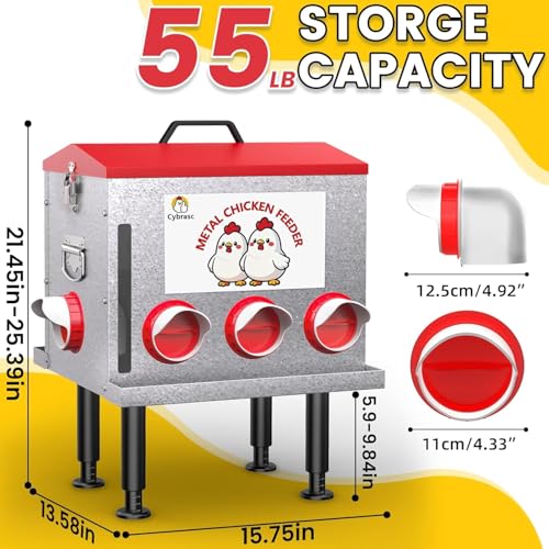 10-Gal Metal Automatic Chicken Feeder with No-Waste Feeding Tray | 55LB Capacity, 8 Feeding Ports, Rust-Proof Alloy Steel, Clear Viewing Window, Height-Adjustable Legs for Chicken Coops - color: Red, size: 10GAL-53LB