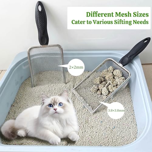 2 Packs Litter Scoop Stainless Steel Mesh Poop Scooper,Metal Litter Box Pooper Scoop Shovel with 2.0mm & 3.8mm Mesh for Dog,Cat,Rabbit,Hamster, Reptile, Sand and Litter Poop Sifter