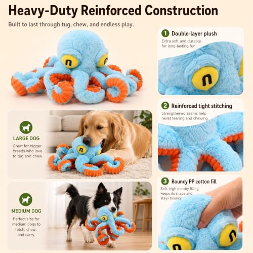Squeaky Dog Plush Chew Toy, Interactive Tug Squeaky Toy for Chewers, Medium & Large Dogs & Fetch Play, 19.7 Inch Stuffed Octopus Toy with Flexible Spring Tentacles for Gentle Gum Care & Boredom Relief - color: Blue (Big Octopus)