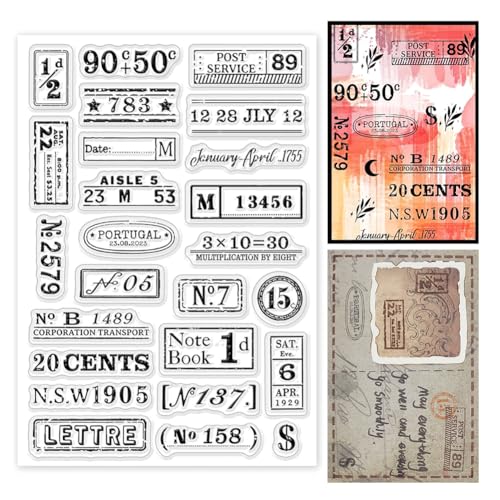 Vintage Number Clear Stamps for Scrapbooking 6.3x4.3 Retro Air Ticket Postmark Rubber Stamp Reusable Postage Transparent Stamps for Card Making Photo Journal Album Crafting Decoration - color: Vintage Number