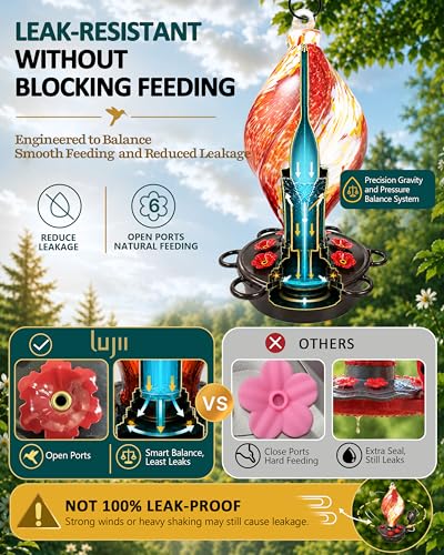 LUJII Smart Hummingbird Feeder with Camera, Hand Blown Glass for Outdoor Hanging, Solar WiFi Feeder with Live View App, 6 Feeding Ports, Leak-Resistant Design, Ant Moat & Gift Box, 28 fl oz, Red - color: Red, size: Large