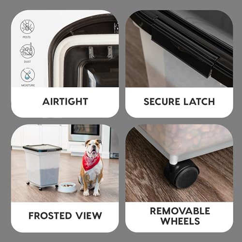 IRIS USA Dog Food Storage Container, Up to 50 lbs, Pearl/Black, Made in USA | Wheels for Mobility, Airtight Seal, BPA-Free, Best for Bird Seed, Cat food, Cat Litter, Chicken Feed, Pellets - color: Pearl/Black, size: 50 lbs