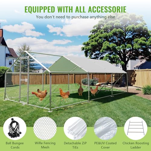 Large Metal Chicken Coop Runs for Yard with Cover, 10x20x6.5 | Perch Bars, Split Doors, Waterproof Covers, Mesh Wire - color: Spire Top, size: 236.2"L x 118.1"W x 78.7"H