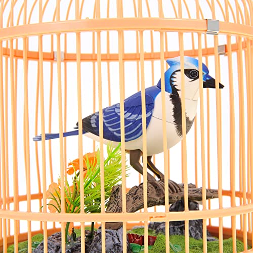 PowerTRC Singing & Chirping Bird in Cage, Realistic Sounds & Movements, Sound Activated, Battery Operated, Great Desk and Room Accessory, Pet Caged Bird Toy (10” x 7”) - color: #1 Blue & White