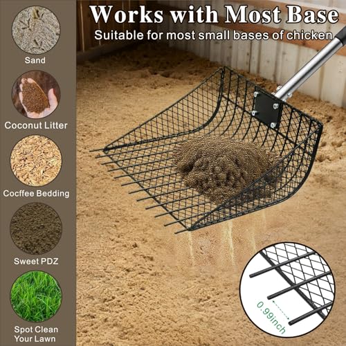 Chicken Poop Scooper & Rake 2-in-1, 25" to 67" | Large Metal Stainless Steel, Chicken Litter Scoop with Handle, Farm Pet Waste Cleaning, Sifting Litter Shovel - size: 11.8"L x 9.5"W x 3.5"H