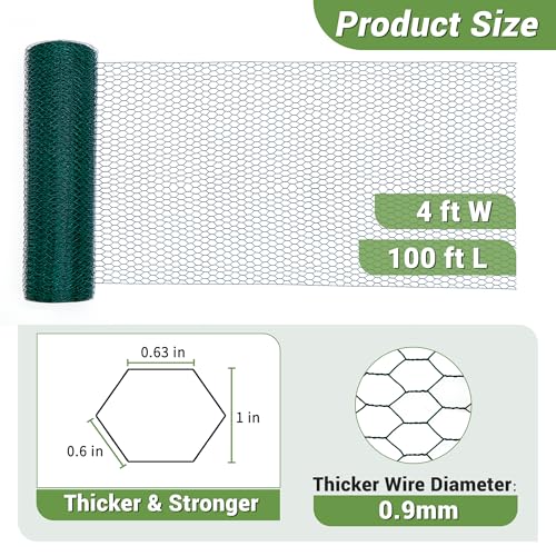 Chicken Wire Fencing Mesh, Galvanized Hexagonal Floral Chicken Wire, Outdoor Anti-Rust Poultry Netting for Garden Fence (4 ft x 100 ft, PVC Coated) - size: 4 ft x 100 ft
