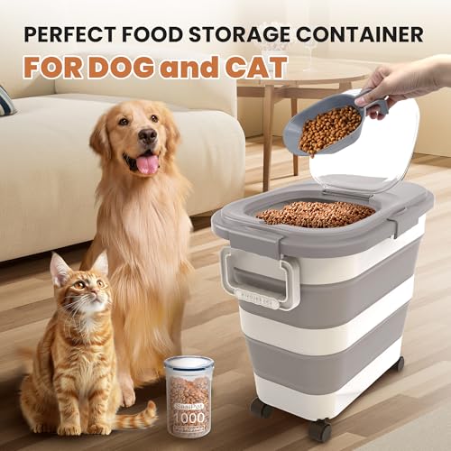 23-25Lbs Airtight Dog Food Storage Container,Collapsible Dog Food Container | Large Pet Food Storage Container with Lid,Wheels,Handle,Scoop,Small Cat Food Container for Dog Cat - color: Grey/25 LBS