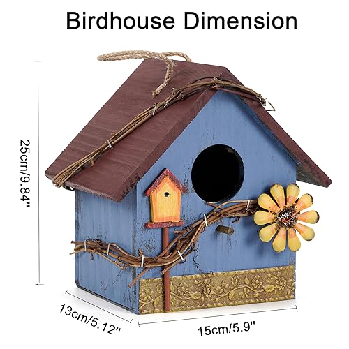 Blue Wooden Hanging Bird House Feeder for Outside Garden Wild Birds | Decorative blue wooden hanging birdhouse feeder nest box for outdoor garden, hummingbird cardinal bluebird bird lovers gift