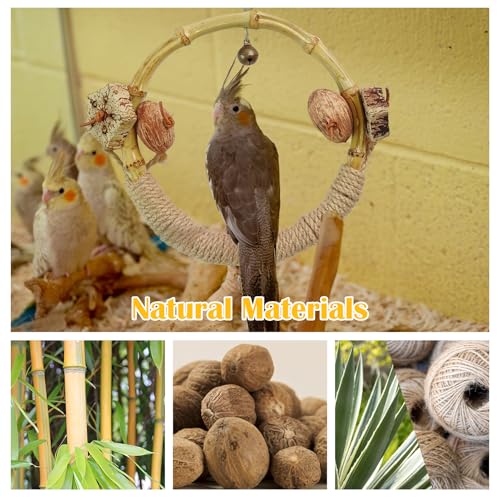 Circle Bird Swing with Bell,Bamboo Parakeet Rope Perches for Cage Ring Bird Swings Chewings Nuts Toys for Parrots Cockatiels Lovebirds Budgie
