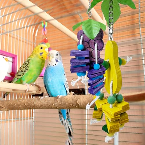 Hamiledyi Natural Wood Block Bird Cage Toys Parrot Chewing Toy Apple&Grape&Pear&Strawberry Shaped Hanging Foraging Toy for Small&Medium Birds Parakeets Cockatiels,4pcs - style: C