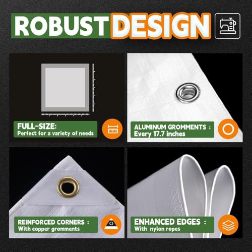 RAINDEWAY 8' X 20' White Heavy Duty Waterproof Poly Tarp Multipurpose Cover | 12 Mil Extra Thick,Finished Size,UV Resistant,Weatherproof,with Metal Grommets and Reinforced Edge - color: White, size: 8x20 Feet-Finished size