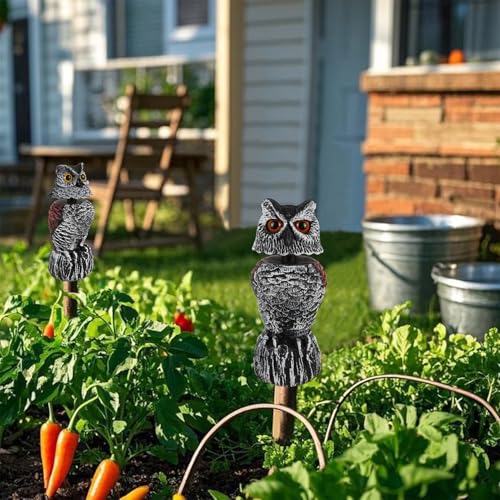 Hausse 2 Pack Fake Owl Decoy Bird Scarecrow Sculpture, 11.2 inch Wagging Head Plastic Owl Scare Birds Away, Owls Statue Nature Enemy Horned Pest Repellent for Outdoor Garden Yard - size: 2 Pack, Wagging Head
